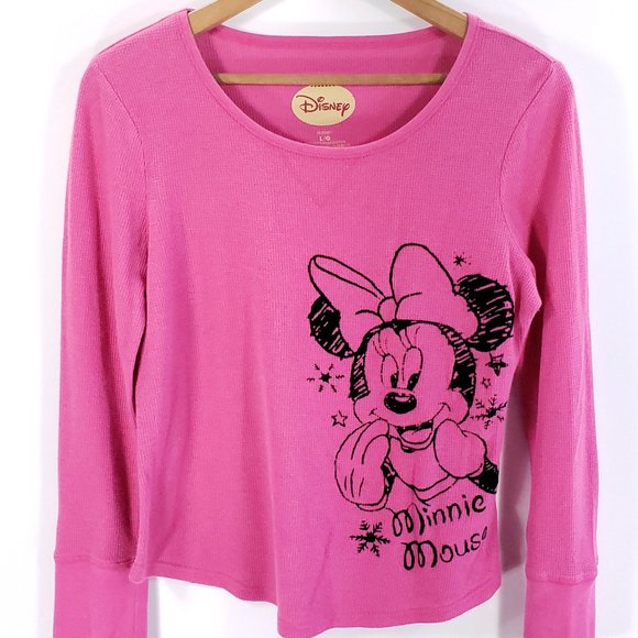 Disney Tops - Minnie Mouse Disney Graphic T-Shirt Pink Long Sleeve Waffle Junior's Large